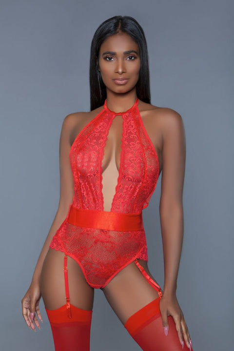Lace Halter Teddy with Garter Straps