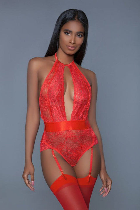 Lace Halter Teddy with Garter Straps