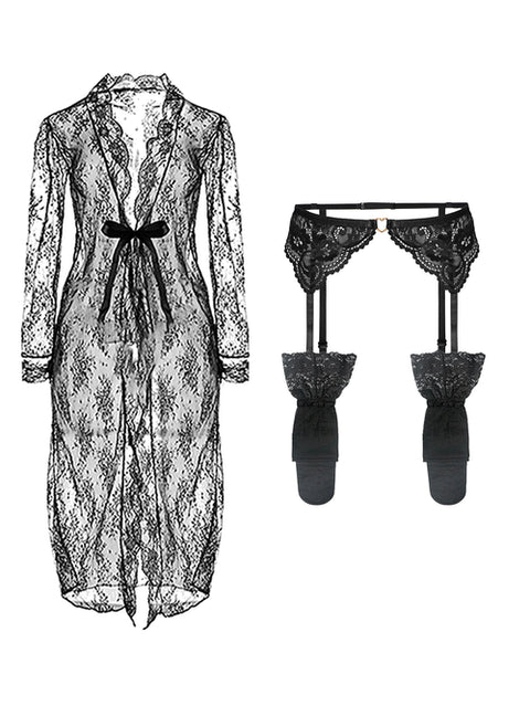 5-Piece Sexy Lace Lingerie Set with Garter Belt, Stockings & Robe Option