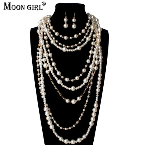 New MOON GIRL Multi-layer Simulated Pearls Chain Long Necklace Trendy