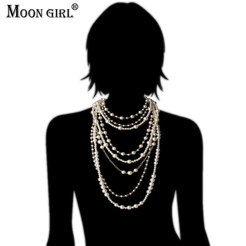 New MOON GIRL Multi-layer Simulated Pearls Chain Long Necklace Trendy