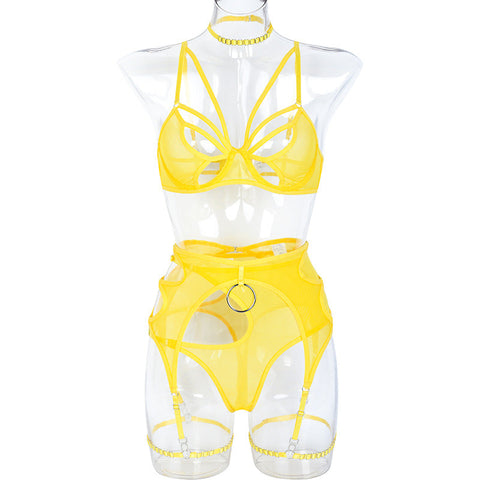 Strappy Cutout 3-Piece Lingerie Set – Neon Yellow & Black