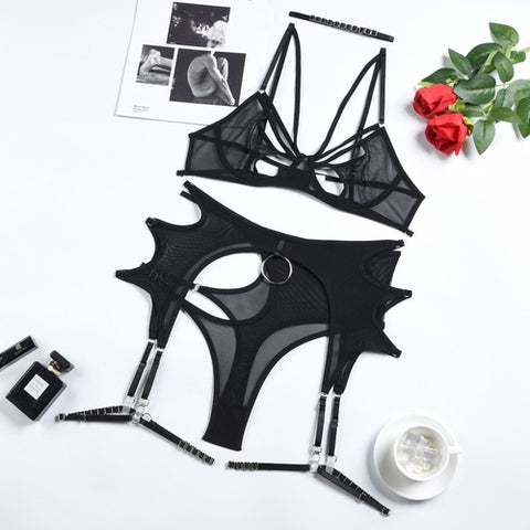 Strappy Cutout 3-Piece Lingerie Set – Neon Yellow & Black