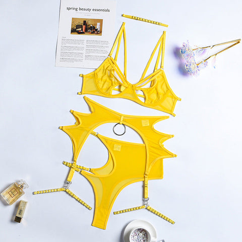 Strappy Cutout 3-Piece Lingerie Set – Neon Yellow & Black