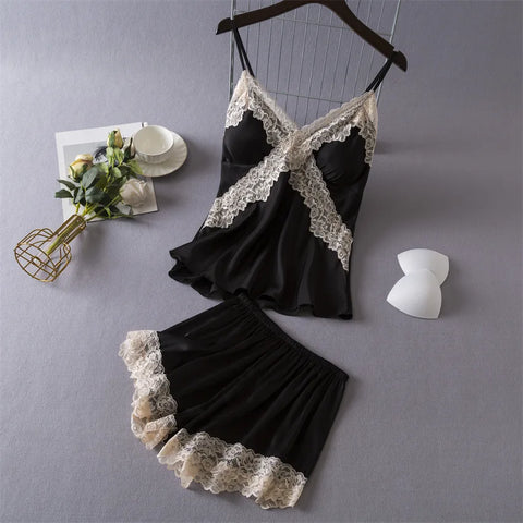Daeyard Sexy Lace Lingerie Set for Women Silk Pajama Set Cami and