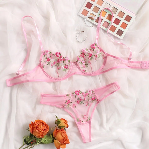 Women Floral Embroidory Underwear Set Sexy Lace Erotic Lingerie Female