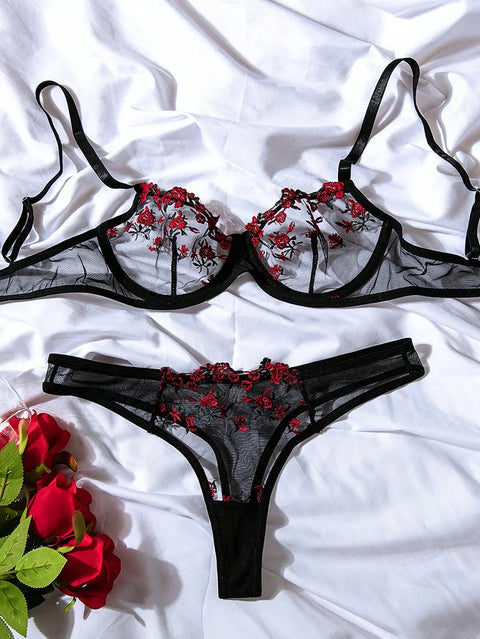 Women Floral Embroidory Underwear Set Sexy Lace Erotic Lingerie Female