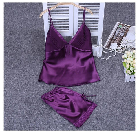 Strap Top&shorts Home Clothes 2Pcs Lingerie Satin Nightwear Women Sexy