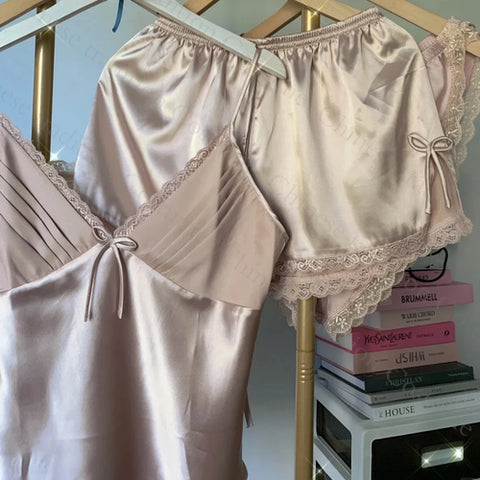 Strap Top&shorts Home Clothes 2Pcs Lingerie Satin Nightwear Women Sexy