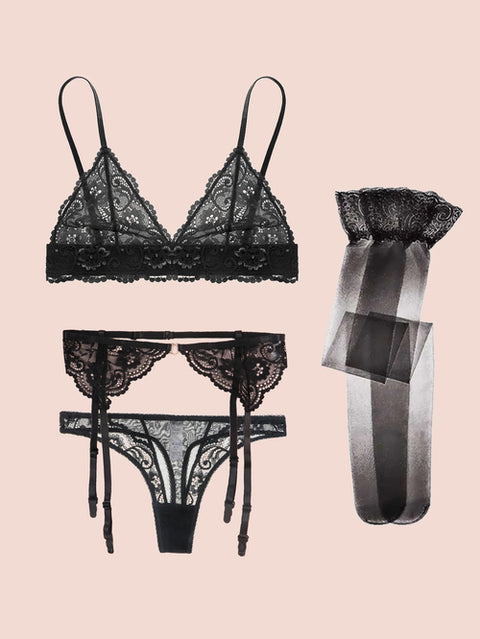 5-Piece Sexy Lace Lingerie Set with Garter Belt, Stockings & Robe Option