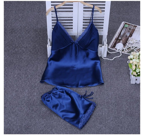 Strap Top&shorts Home Clothes 2Pcs Lingerie Satin Nightwear Women Sexy