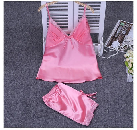 Strap Top&shorts Home Clothes 2Pcs Lingerie Satin Nightwear Women Sexy
