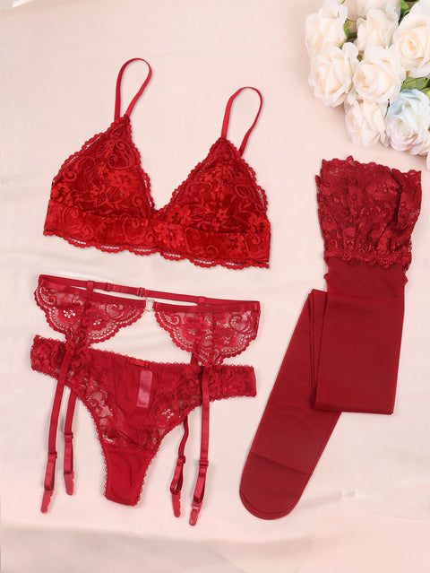 5-Piece Sexy Lace Lingerie Set with Garter Belt, Stockings & Robe Option