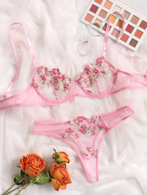 Women Floral Embroidory Underwear Set Sexy Lace Erotic Lingerie Female