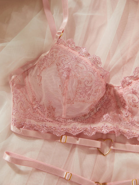 3-Piece Blush Pink Lace Lingerie Set with Harness Detail