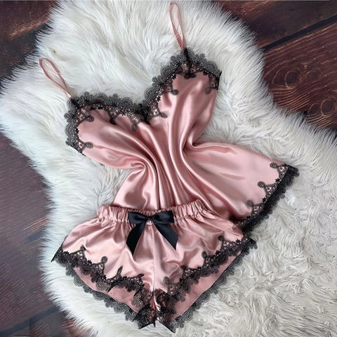 Sexy Satin Lace Trim Cami &amp; Shorts Pajama Set