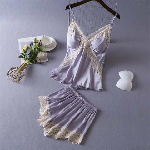 Daeyard Sexy Lace Lingerie Set for Women Silk Pajama Set Cami and
