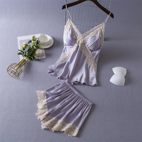 Daeyard Sexy Lace Lingerie Set for Women Silk Pajama Set Cami and