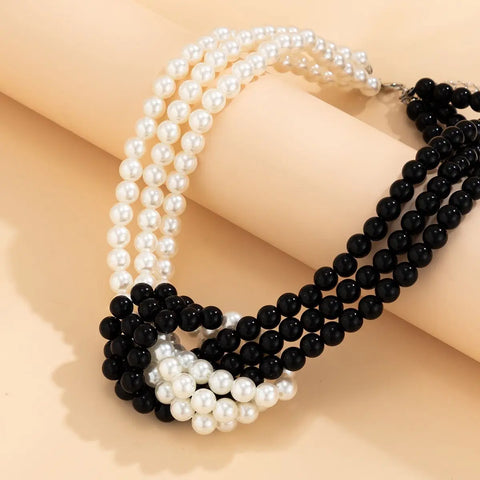 Fashion Black White Imitation Pearl Patchwork Chain Necklace For Women