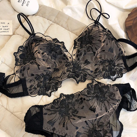 French Lace Flowers Embroidery Bra Set Sexy Ultra Thin Women Underwear
