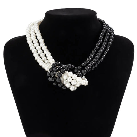 Fashion Black White Imitation Pearl Patchwork Chain Necklace For Women