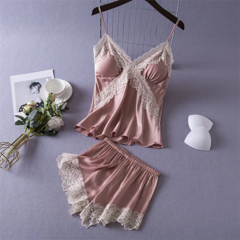 Daeyard Sexy Lace Lingerie Set for Women Silk Pajama Set Cami and