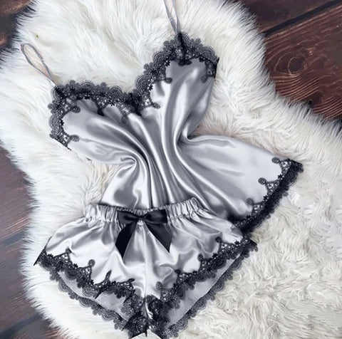 Sexy Satin Lace Trim Cami &amp; Shorts Pajama Set