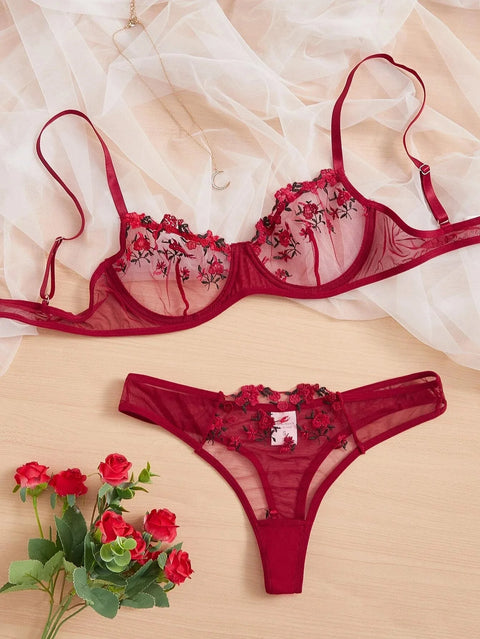 Women Floral Embroidory Underwear Set Sexy Lace Erotic Lingerie Female
