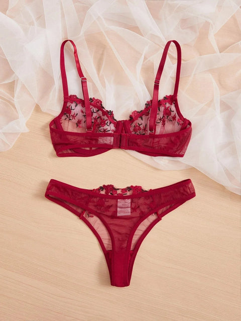 Women Floral Embroidory Underwear Set Sexy Lace Erotic Lingerie Female