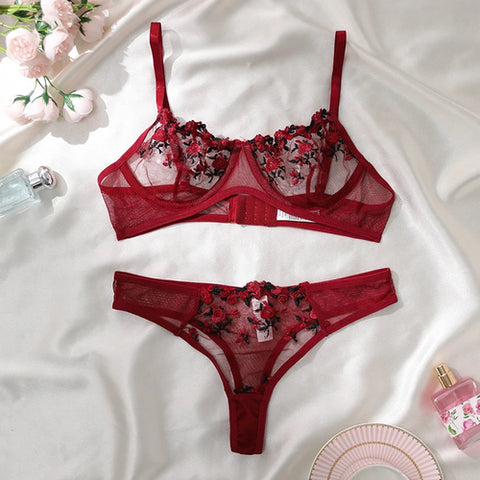 Women Floral Embroidory Underwear Set Sexy Lace Erotic Lingerie Female