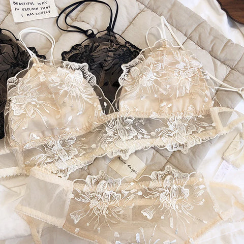 French Lace Flowers Embroidery Bra Set Sexy Ultra Thin Women Underwear