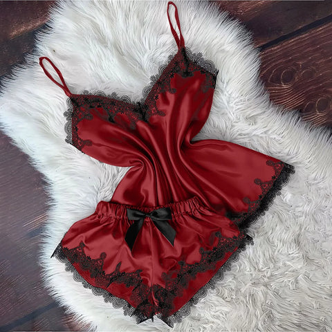 Sexy Satin Lace Trim Cami &amp; Shorts Pajama Set
