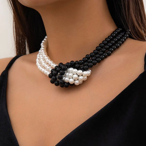 Fashion Black White Imitation Pearl Patchwork Chain Necklace For Women