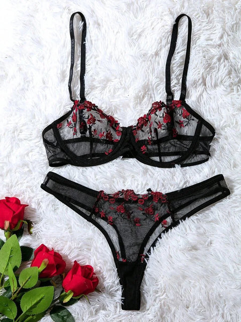 Women Floral Embroidory Underwear Set Sexy Lace Erotic Lingerie Female
