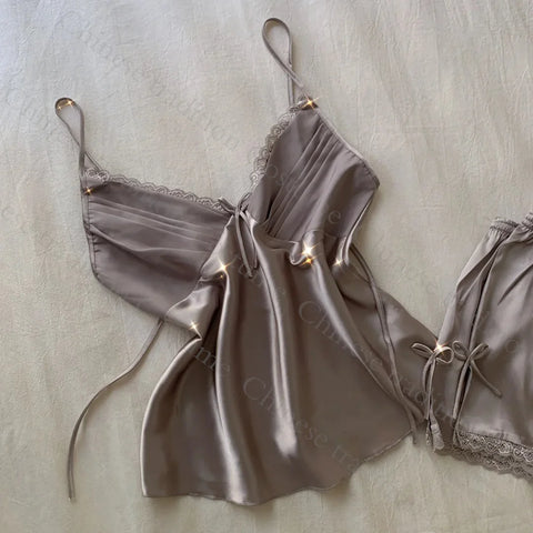 Strap Top&shorts Home Clothes 2Pcs Lingerie Satin Nightwear Women Sexy