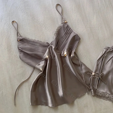 Strap Top&shorts Home Clothes 2Pcs Lingerie Satin Nightwear Women Sexy