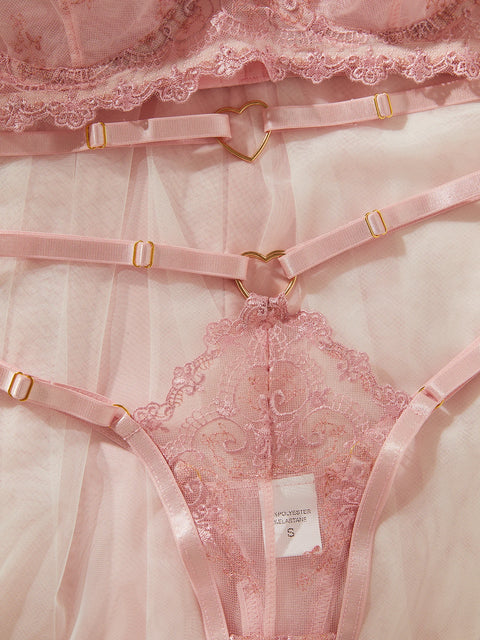 3-Piece Blush Pink Lace Lingerie Set with Harness Detail