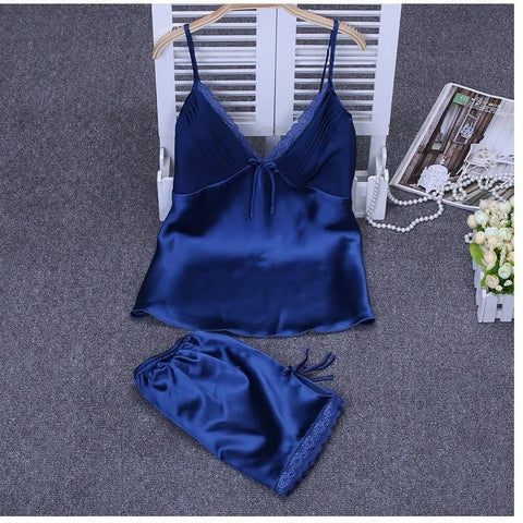 Strap Top&shorts Home Clothes 2Pcs Lingerie Satin Nightwear Women Sexy