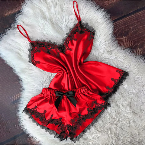 Sexy Satin Lace Trim Cami &amp; Shorts Pajama Set