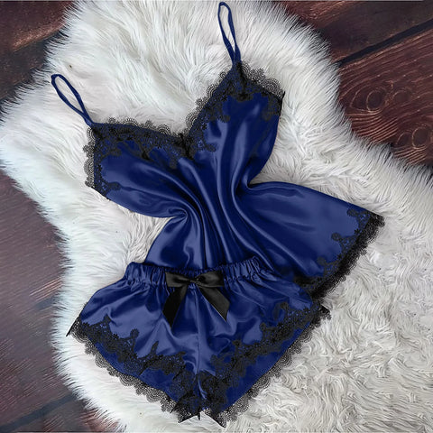 Sexy Satin Lace Trim Cami &amp; Shorts Pajama Set