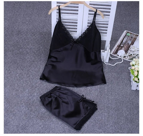Strap Top&shorts Home Clothes 2Pcs Lingerie Satin Nightwear Women Sexy