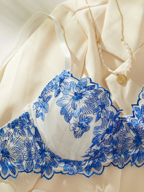 Blue Floral Embroidered Mesh Lingerie Set – 2 Piece