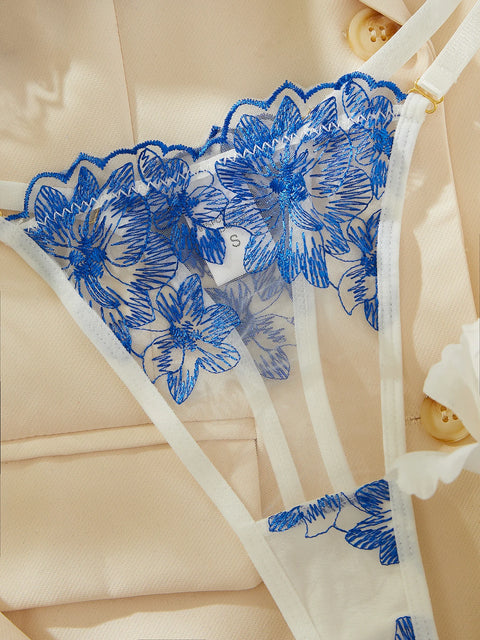 Blue Floral Embroidered Mesh Lingerie Set – 2 Piece
