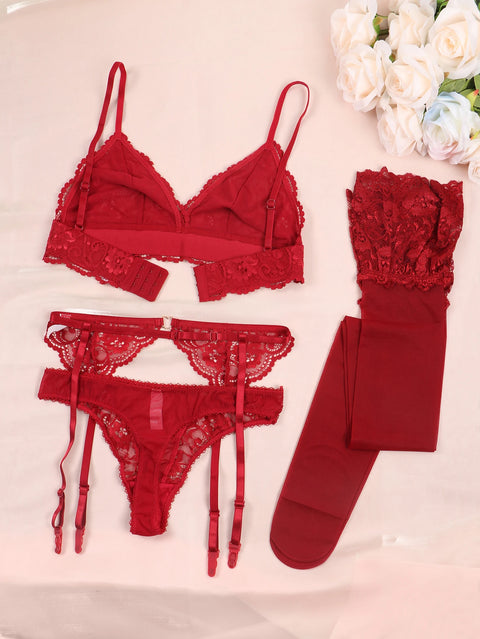 5-Piece Sexy Lace Lingerie Set with Garter Belt, Stockings & Robe Option