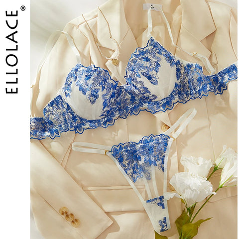 Blue Floral Embroidered Mesh Lingerie Set – 2 Piece