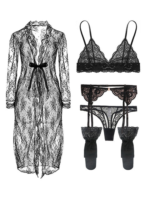 5-Piece Sexy Lace Lingerie Set with Garter Belt, Stockings & Robe Option