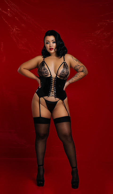 Vinyl & Lace Corset Lingerie Set – 3 Piece with Garter Straps